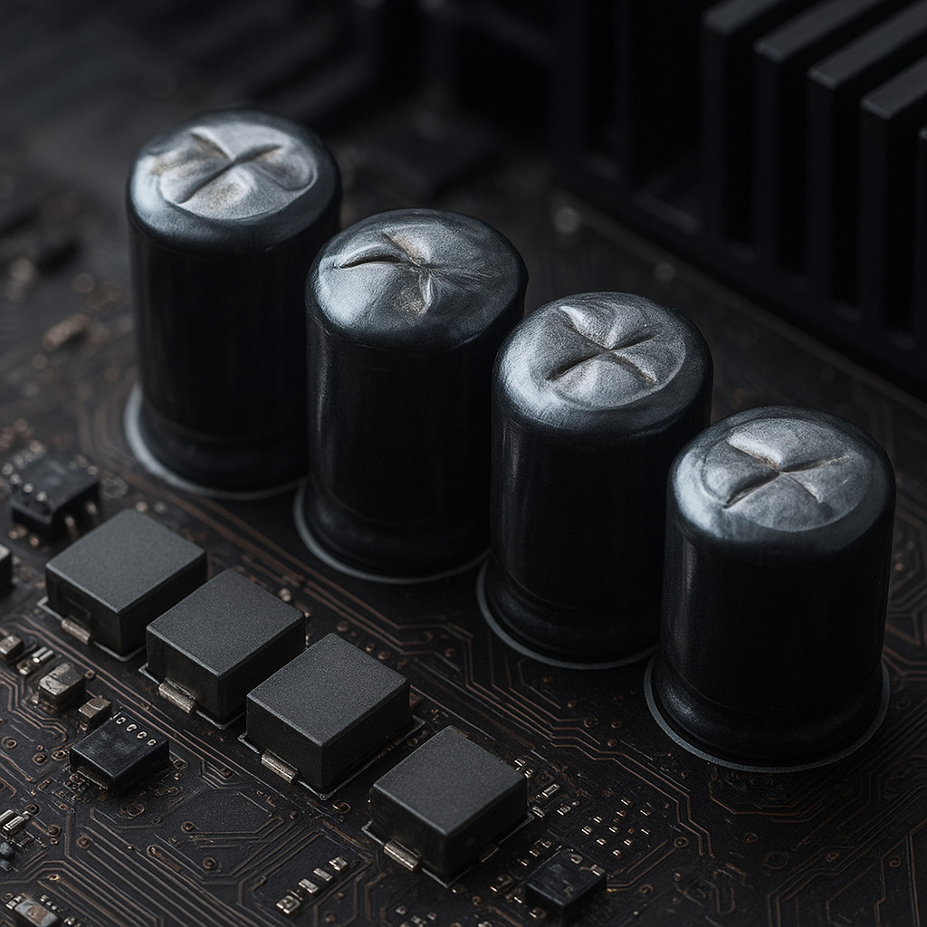 Bulged and leaking electrolytic capacitors on a motherboard VRM section
