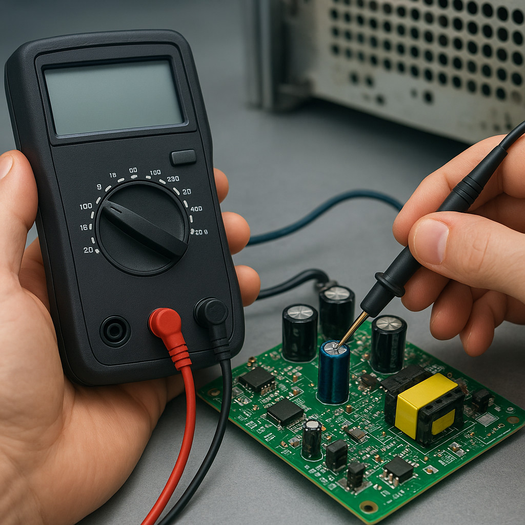 ESR meter probes touching capacitor leads on a PCB for in-circuit ESR measurement