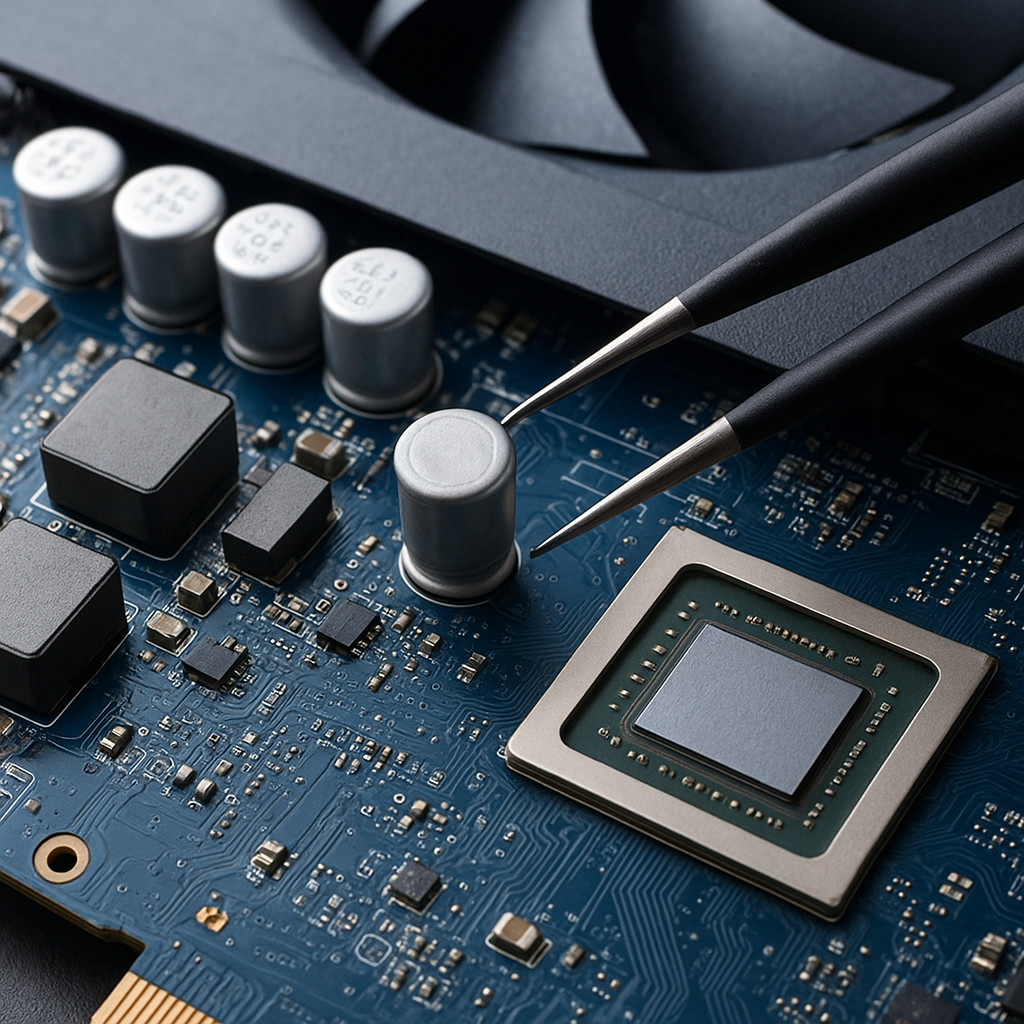 GPU VRM section with output capacitors highlighted for replacement
