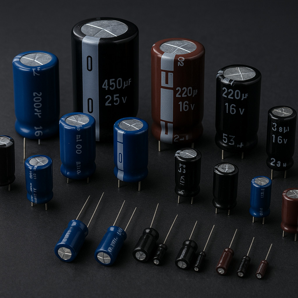Assortment of Panasonic, Nichicon, and Nippon Chemi-Con capacitors in various sizes