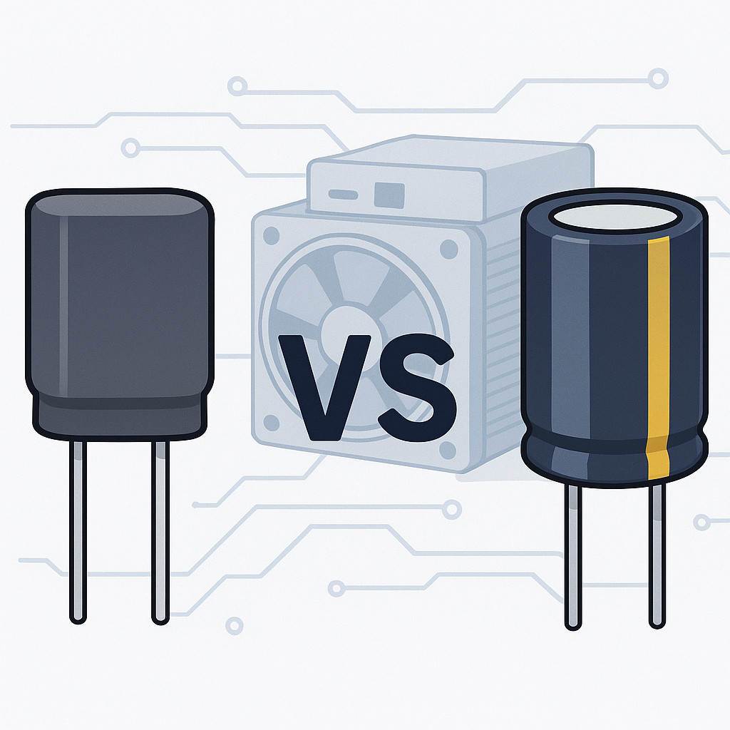 Close-up comparison of polymer and electrolytic capacitors side by side on a PCB